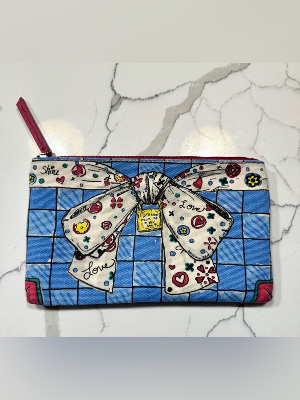 Brighton Blue Check Wristlet with Cream Bow and Red Accents